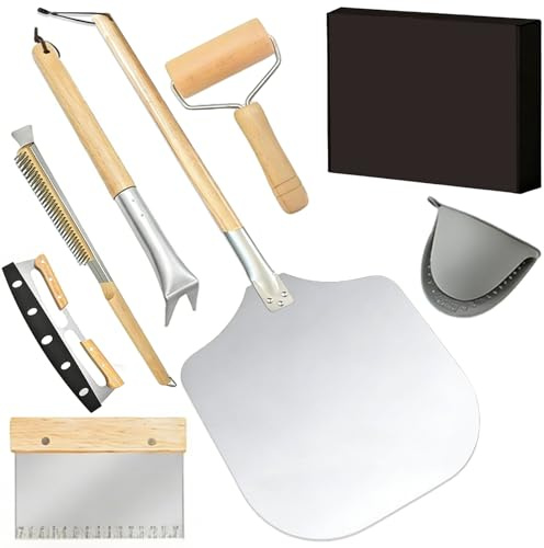 BRGD 7 piezas Juego de preparación de pizza Incluye Espátula para Pizza, Cepillo para Horno, Volteador de Pizza, Cortador de Pizza, Rodillo, Cortador de Masa y Guantes Resistentes al Calor