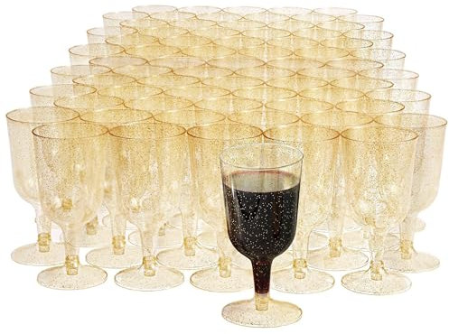 MATANA 100 Elegantes Copas de Vino de Plástico Duro Transparente con Purpurina Dorada (180ml) - Resistentes y Reutilizables - Cumpleaños, Bodas, Navidad, Barbacoas, Fiestas
