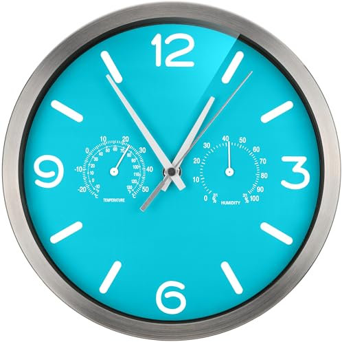 Bresser Funkuhr Wanduhr MyTime ND Thermo-Hygro mit geräuschlosem Funkuhrwerk, Edelstahlrahmen und Anzeige für Temperatur und Luftfeuchtigkeit, hellblau, 250 x 250 mm