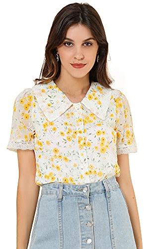 Allegra K Women's Peter Pan Collar Shirt Lace Trim Floral Embroidered 1940s Peasant Blouse Small White