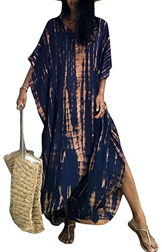 Lungo Kaftan Donna Estivo Abito Copricostumi Spiaggia Floreale Bohémien Vestito Mare,Taglia Grande Tunica Maxi Kimono, Elegante e Affascinante Beach Bikini Cover Ups Uno Taglia (Marina Militare)