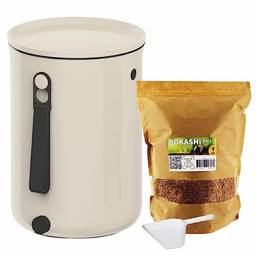 Moutta | Bokashi Organko 2 Blanc (9,6L) | Composteur Organique avec compacteur + 1 kg d'Activateur EM-1 de Fermentation fabriqué en France