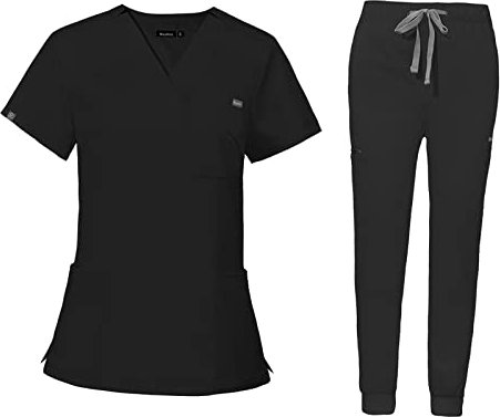 LOVIVER Scrubs Uniforms Women Set Nurse Costume Nursing Uniforms Scrub Set Workwear with V Neck Scrub Nurse Top Pants Work Clothing Women Nursing Work for Cosmetology SPA Pet Groomer,Black XS
