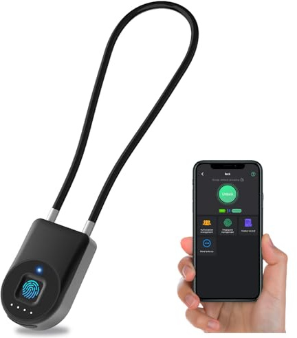 Anweller Lucchetto a cavo per impronte digitali, lucchetto con cavo in acciaio da 38 cm, lucchetto impronte digitali con app, adatto come porta, valigia, zaino, palestra, bicicletta