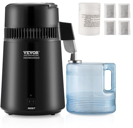 VEVOR Distillateur d'Eau 4 L Machine à Eau Distillée 1 L/h 750 W Machine à Distiller l'Eau Intérieur en Inox Alimentaire Récipient en Plastique pour Purification d’Eau du Robinet Maison Bureau