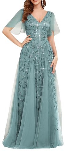 Ever-Pretty Robes de Soir e Femmes Longues Manches Volants Tulle Paillettes de Feuilles Col V Chic Bordeaux 36
