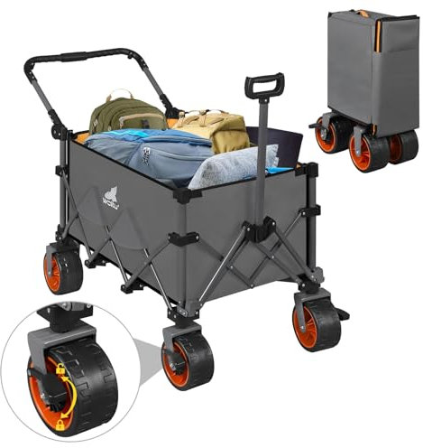 WOLTU Chariot de Plage Pliable, Chariot de Transport à roulettes, avec Freins et 2 Poignés, Tout-Terrain pour Jardinage, Camping, Gris Foncé+ Orange,