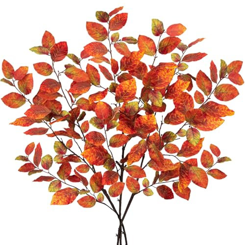 Arborus 3PCS 35.4 Artificial Autumn Leaf Stems Autumn Orange Leaves Fake Foliage with Long Stems Faux Beech Leaf Branch for Floral Arrangements Autumn Halloween Decorations