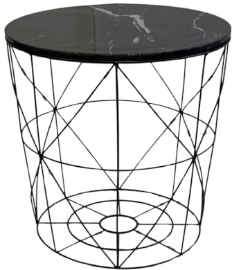 Trendi Round Side Table with Removable Marble Effect Tray | Wire Metal Storage Basket | Modern Bedside Table for Bedroom, Living Room, Balcony, or Hallway | Corner, Tea, Sofa, and End Table (Black)