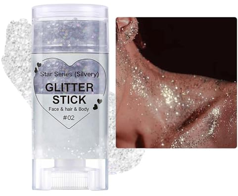 Glitter ansikte pinne, sjöjungfru glitterpennor, gnistrande kropp glitterpinnar, Chunky holographic paljett ansikte glitterpulver för kropp, hår, ansikte och nagel, jul ravetillbehör (#02 silver)