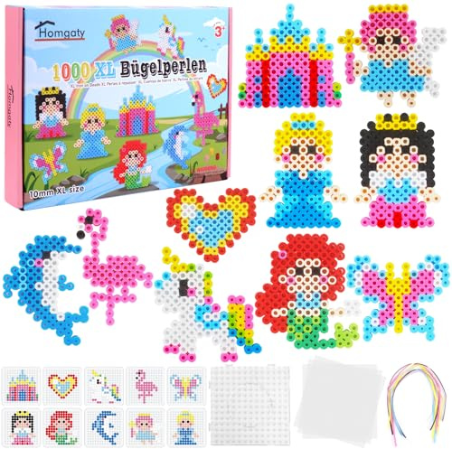 Homgaty Lot de 1000 grandes perles à repasser de 10 mm avec plaques, 10 motifs et papier à repasser, 10 couleurs vives, taille XL, kit créatif pour enfants à partir de 3 ans