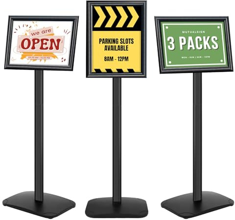 Mutualsign 3 Pack A4 Display Stand Heavy Duty Sign Stand with Stable Base, Floor Standing Poster Stand for Menu/Notice/Display, Outside Welcome Sign Holder, Black