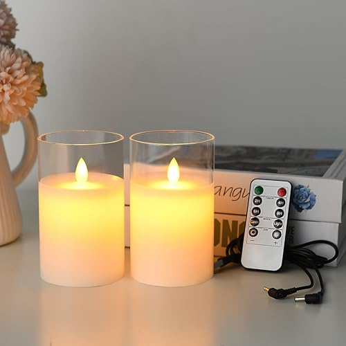 Lonkenn Bougies LED Rechargeable, Lot de 2, Bougies Sans Flamme avec Télécommande et Minuterie, Bougie Electroniques en Verre Transparent, pour Mariage, Anniversaire, Décoration D'intérieur, 15cm