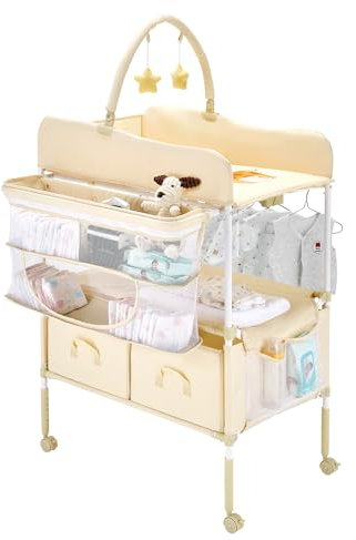VEVOR Wickeltisch, faltbare Wickelstation mit 2 Stoffschubladen & Seitenkorb & Kleiderstange, höhenverstellbarer tragbarer Wickelkombi mit feststellbaren Rädern und 2 Sternspielzeugen, Hellbeige