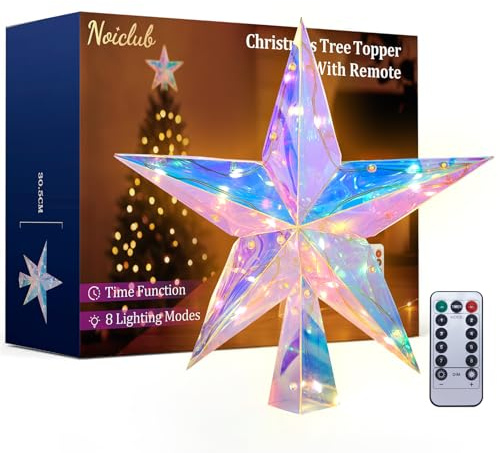 Christmas Tree Topper，11.8 PET Christmas Tree Star Topper Lighted with Remote Multicolour 20LED Lighted Treetop Decorate for Xmas Decorations Ornaments Holiday Party Indoor Decor