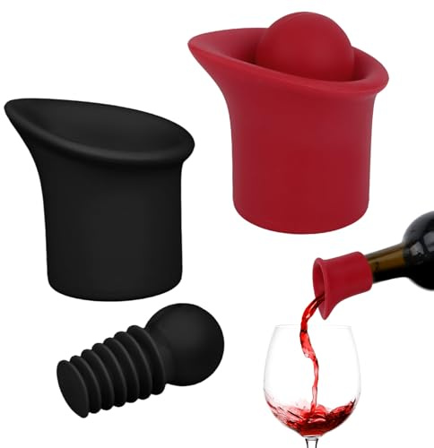 2 Set 2 in 1 Silicone Wine Bottle Stoppers & Pourers, Wine Spout Sealer Preserver Glass Champagne Caps with Vacuum Reusable & Easy to Clean Home Bar Restaurant Accessories(Black, Red)