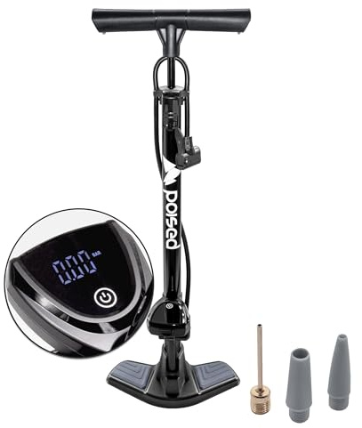 Poised Bomba de pie para bicicleta con todas las válvulas AV, SV, DV – Bomba de aire para bicicleta con manómetro digital, adaptadores y caja de almacenamiento integrada | Bomba para moto, bicicleta
