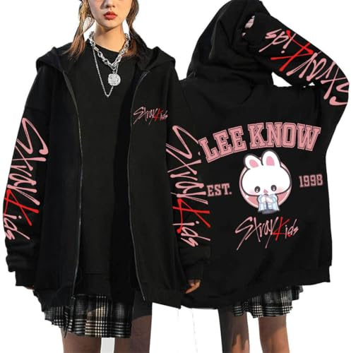 BaeKnyin Uomini Donne Stray-K1ds Felpe con Cerniera Casual Sciolto Sweatshirts con Cappuccio Elegante SKZ KPOP Streetwear Oversize Pullover con Stampa retrò S,Black7-1
