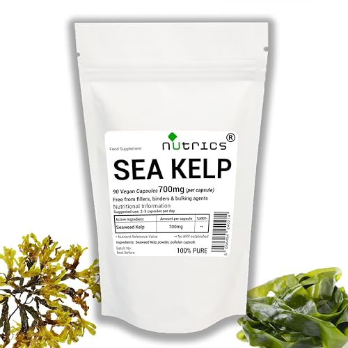 Nutrics Alghe KELP 700 mg x 90 V Capsule di iodio naturale - 100% puro - Senza riempitivi, leganti e agenti di carica - Adatto per vegani e vegetariani