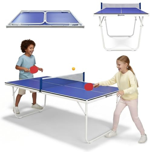 HyperMotion Mesa de Ping Pong Plegable para Casa, Mesa Compacta de Tenis de Mesa Indoor para Juego Recreativo, Diseño Ahorra Espacio con Red, 2 Palas y Pelotas, Mesa Familiar para Niños y Adultos
