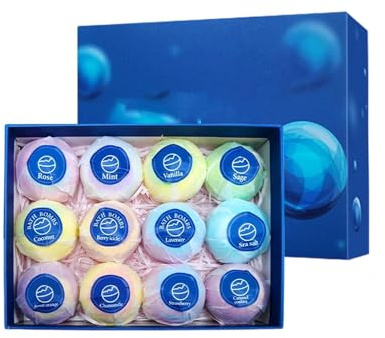 Bombe da bagno profumate, palline rilassanti 12 pezzi, palline in schiuma da 7,59 x 2,045,86 pollici con profumi di aromaterapia, set sale per doccia, regalo di bombe bagno con design colorato, palla