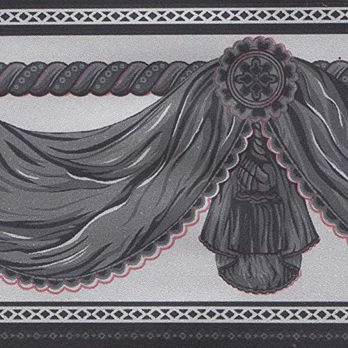 Dundee Deco BD3213 - Cortinas de papel tapiz de imitación gris carbón negro con borde gris claro, diseño retro, rollo de 33 pies x 4 pulgadas (10 m x 10 cm), autoadhesivo