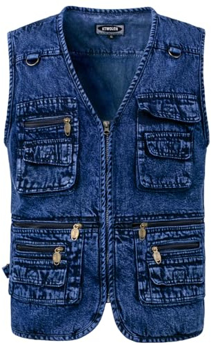 KTWOLEN Gilet di Jeans da Uomo Vintage Giubbino di Jeans Smanicato da Moto Giacca Jeans Senza Maniche Multitasche Denim Gilet da Pesca Lavoro Caccia, Blu scuro, XXL