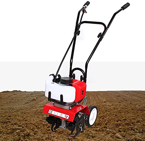 Petrol Rotavator Mini Garden Petrol Tiller Lawn Soil Cultivator Rotovator 52CC Engine 2 Strokes Petrol Rotavators for Allotment Garden Oetrol Tiller Engine(Width 35cm/ depth 3-10cm)