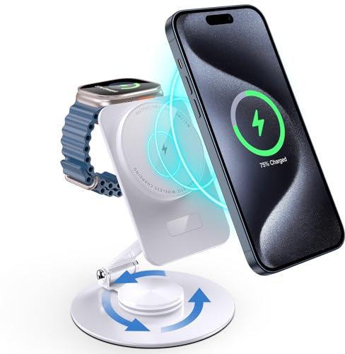 Station de Recharge sans Fil pour Apple, Support de Chargeur 2 en 1 Magsafe pour iPhone 15/14/13/12, Apple Watch Chargeur pour 9/8/7/6/SE/5/4/3/2, Station de Charge Pliable pour AirPods (Blanc)
