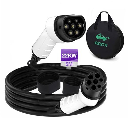 Gziztx Typ 2 Ladekabel, 32A / 22 kW / 3 Phasen / 5 Meter, Typ 2 auf Typ 2 EV Ladekabel für Elektroauto mit Tragetasche…… (5M 22KW)