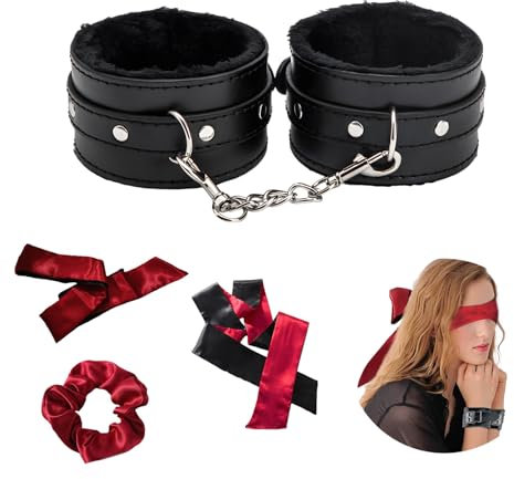 4 Pezzi Maschera per Occhi in Raso Set, con Manette in Peluche e Corda per Capelli in Seta, Maschera per Dormire in Raso per Coppie