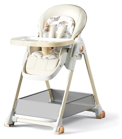 Reenborn Cuero PU Trona de Bebe, Trona Plegable Bebe Convertible Multifuncional con 6 Alturas y 3 Posiciones Reclinables, Silla Bebe Comedor con Bandejas Dobles Desmontables y Ruedas (808 White)
