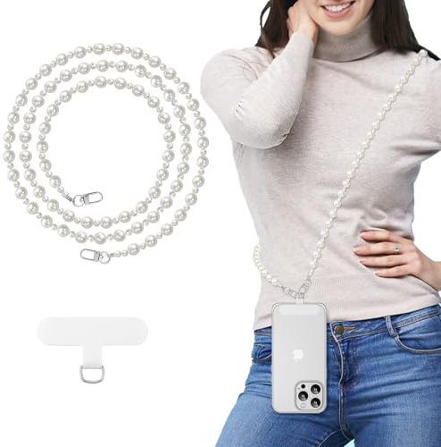 MoKo Laccio Universale per Telefono, Catena di Perle Anti-Furto Rimovibile per Donne, Cinghia per Cellulare da Indossare al Collo con Toppe per iPhone e Smartphone, B-Bianco