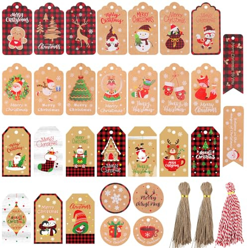 Simpeak 150 Pezzi Tag regalo di Natale,Etichette Regalo di Natale con Stringa,30 Disegni 150 Etichette Regalo Natalizie Kraft Per Decorazioni Natalizie E Confezioni Di Regali