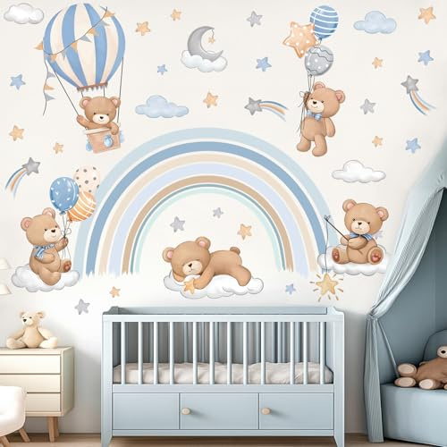 decalmile Adesivi Murali Arcobaleno Blu Adesivi da Parete Mongolfiera Orso