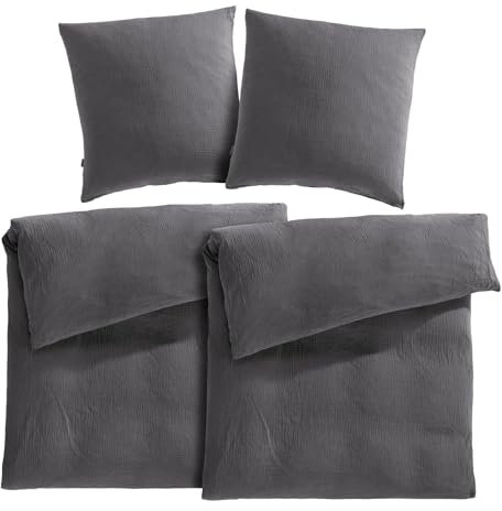 Pure Label Musselin Bettwäsche 135x200 4 teilig bestehend aus Bettbezug 135 x 200 cm 2er Set + Kissenbezug 80x80 cm 2er Set aus Baumwolle - Traumhaft kuschelige Bettwäsche-Sets in anthrazit