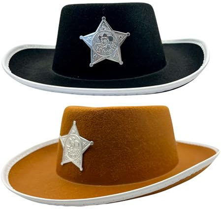 FNA FASHIONS Cowboy Western Hat with Silver Sheriff Star Badge – Assorted Colors – Western Wild West Fancy Dress Accessory (Silver Star Sheriff Badge Hat, 1)