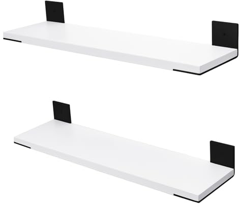 Aimato Wandregal 60cm 2er Set, Massivholz Hängeregale mit Stahlwinkel, 15kg Tragkraft Dekor-Regal für Wohnzimmer/Schlafzimmer/Büro-Weiß & Schwarz