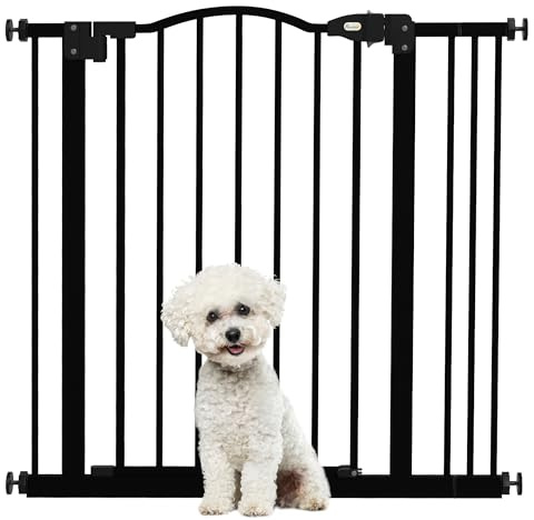 PawHut Barrera de Seguridad para Perros Extensible 74-87 cm, para Puertas y Escaleras, Barrera para Perros con Extensión 7 cm, Montaje a Presión y Doble Bloqueo, Negro