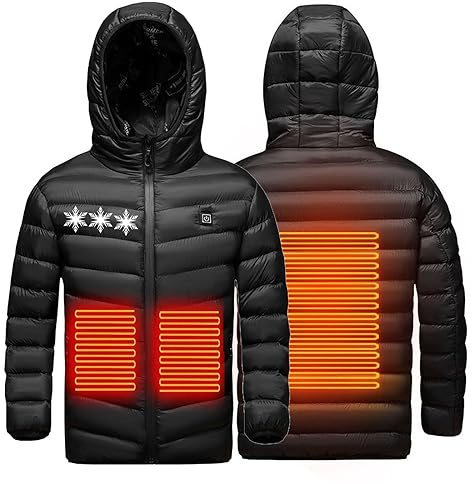 Manteau Chauffante USB Enfants Doudoune Chauffant avec 3 Zones de Chauffage Manches Longues Veste avec Capuche Imprimé Jacket Coupe-Vent Imperméable Outerwear pour Ski Pêche Camping de Pêche