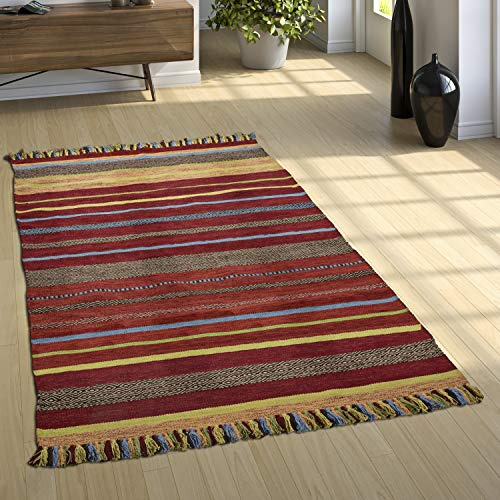 Paco Home Designer Teppich Webteppich Kelim Handgewebt 100% Baumwolle Modern Gestreift Bunt, Grösse:80x150 cm