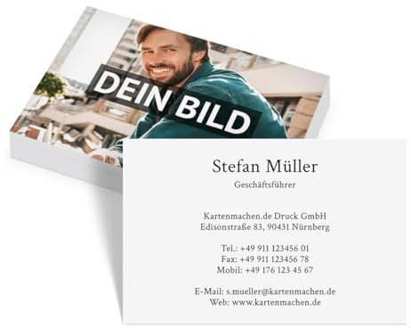 Individuelle Foto Visitenkarten von 100 bis 2.500 Stück personalisiert Universal, eigener Text und Bild/Logo, dickes 300g/qm Papier, 85x55mm, beidseitiger Druck, Farbe und Schriftart wählbar