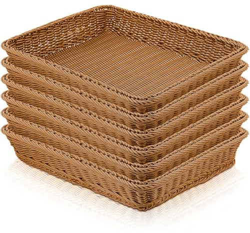 Eccliy 6 Pack Poly Wicker Bread Baskets 19 Inch Imitation Rattan Serving Trays for Bread Snacks Fruit Vegetables Tabletop Display Basket for Kitchen Restaurant Home Hotel