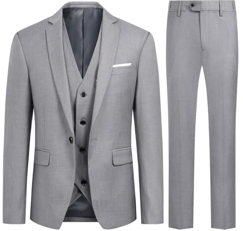 Allthemen Abito da Uomo 3 Pezzi Slim Fit Completo Formale da Matrimonio Un Bottone Giacca Pantaloni Gilet Grigio Chiaro L