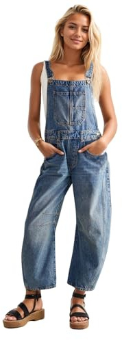Women's Denim Bib Overalls, Barrel Leg Jean Jumpsuit with Adjustable Straps
