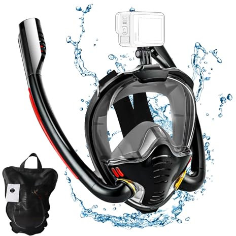 Full Face Snorkel Mask Adult, Double Tube Snorkeling Mask with Anti-Leak Free Breathing System, 180° View Snorkelling Mask with Detachable Camera Mount, Anti-Fog Scuba Mask Snorkel Mask for Adults
