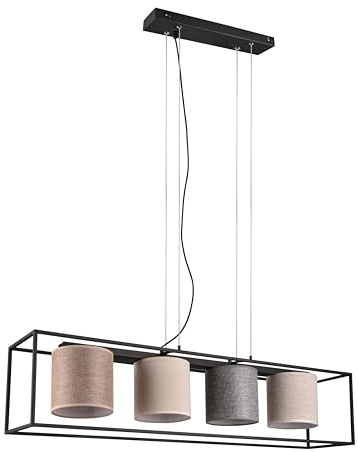 Trio Leuchten Pendelleuchte Ross 303100417, Metall Schwarz matt, Schirm Stoff Beige/Grau/Braun, exkl. 4x E27