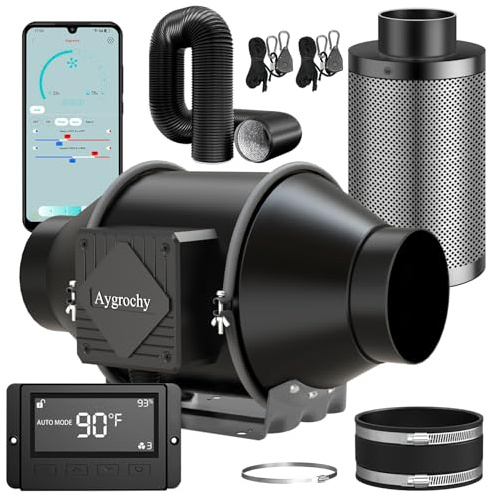 Aygrochy 100mm Wifi App Ventilateur en Ligne Kit avec régulateur de température et d'humidité, Extracteur d'air avec Filtre à Charbon d'air et Tuyau d'évacuation pour Culture hydroponique