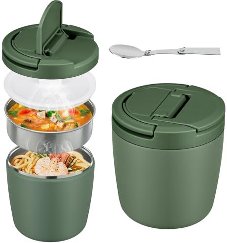 Itslife Thermobehälter für Essen 1400ml, Edelstahl Thermoschüssel mit Deckel, Thermo Lunchbox mit Löffel, Warmhaltebehälter Essen Auslaufsicheres für Suppen, Porridge, Babybrei, Grün