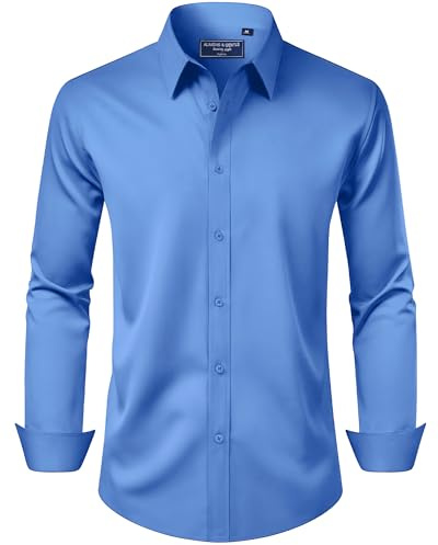 Alimens & Gentle Men's Dress Shirt Regular Fit Stretch Stain Shield Long Sleeve Solid Business Wedding Button Down Shirts,Blue,X-Large